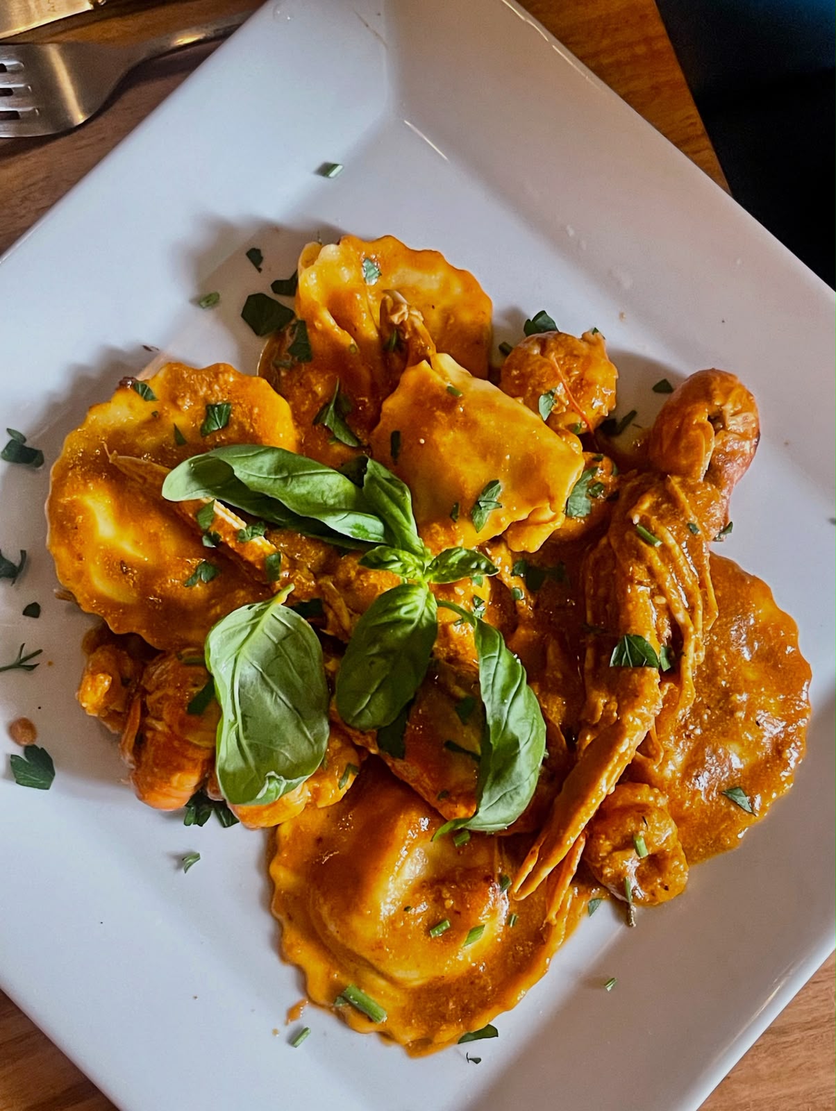 Handmade ravioli with prawns