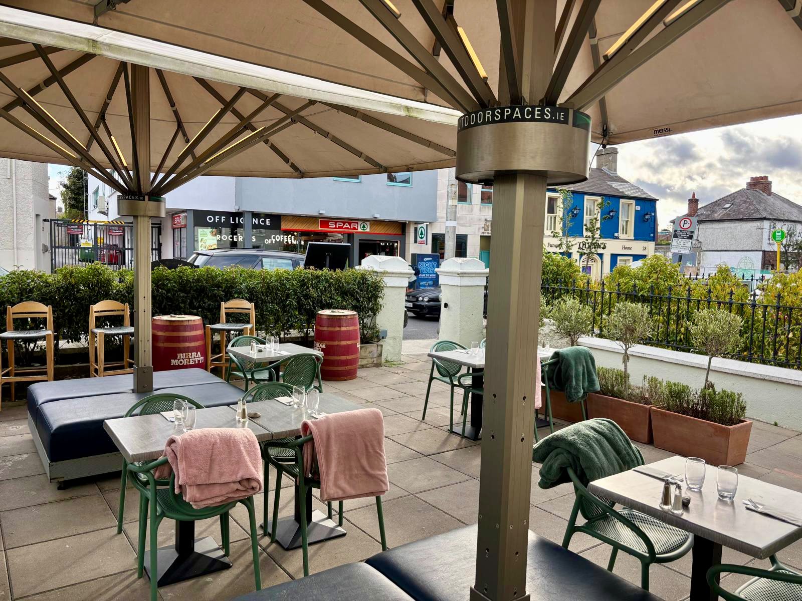 Outdoor patio seating with umbrellas